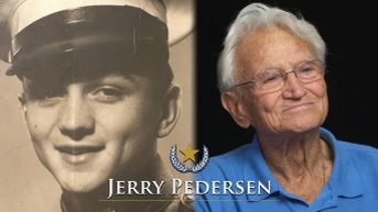 Jerry Pederson pictured in his uniform as a young Marine Corps enlistee beside a more recent photo of Mr. Pederson.