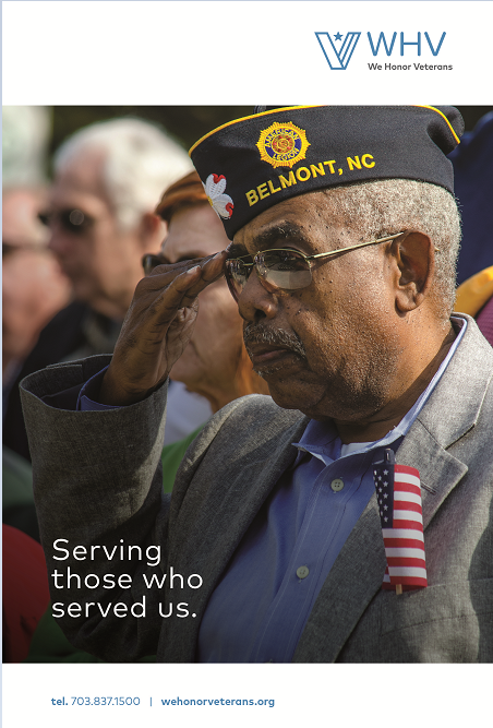 A Black veteran from Belmont, NC is performaing a salute. Text says Serving those who Served Us.